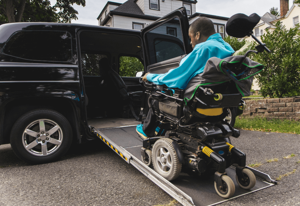 Accessible vehicle transporting a wheelchair user to a medical appointment